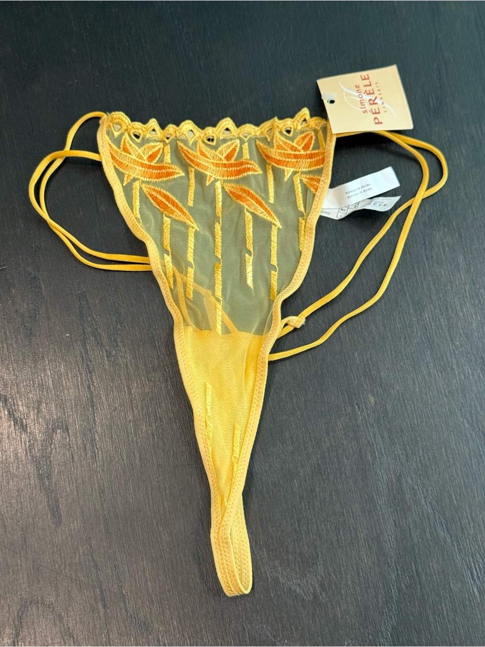 New Simone Perele Yellow Embroidered Sheer Mesh Thong France Size 2 Small